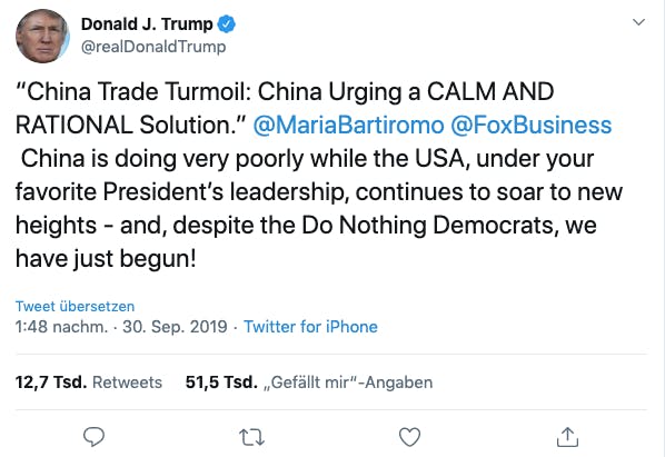 Sympathisch bescheiden: «China schneidet schlecht ab, während sich die USA unter der Führung eures Lieblingspräsidenten zu neuen Höhen aufschwingen.»