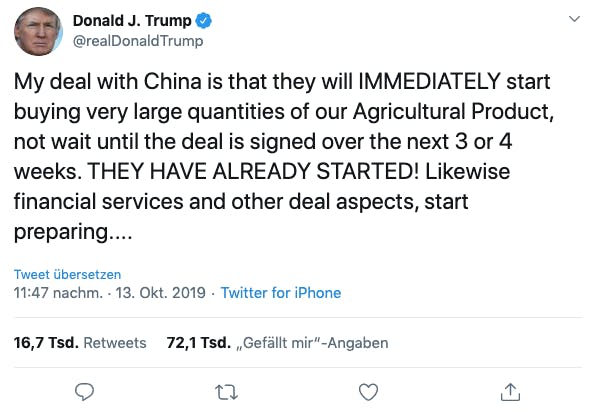 Und sofort gehts los. Dank dem Deal des Präsidenten kaufen die Chinesen wie verrückt landwirtschaftliche Produkte aus den USA.