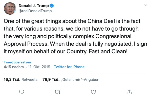 Wer braucht schon den Kongress: «Wenn der Deal fertig ausgehandelt ist, werde ich ihn selber im Namen unseres Landes unterzeichnen.»