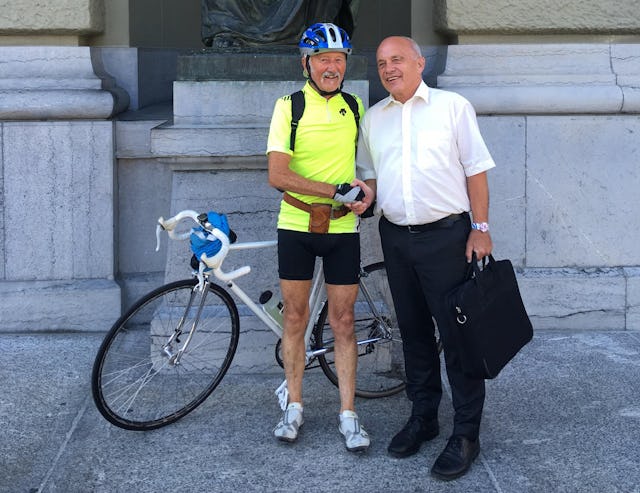Bundesrat Ueli Maurer mit Heinz von Gunten (1. Augustfahrt Thun-Bern).