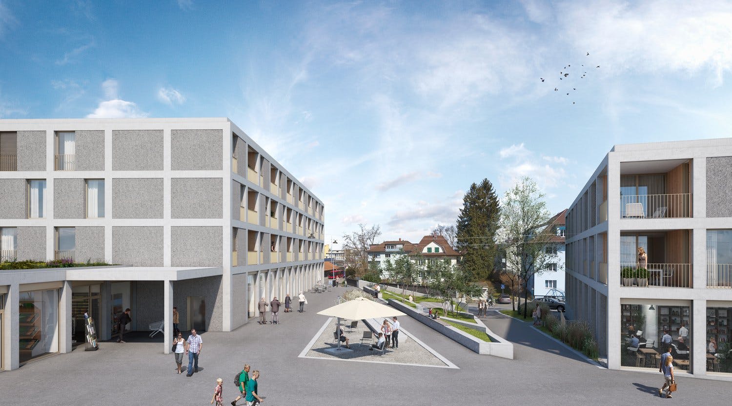 Der Platz zwischen den beiden Gebäuden erlaubt vielfältige Nutzungen.