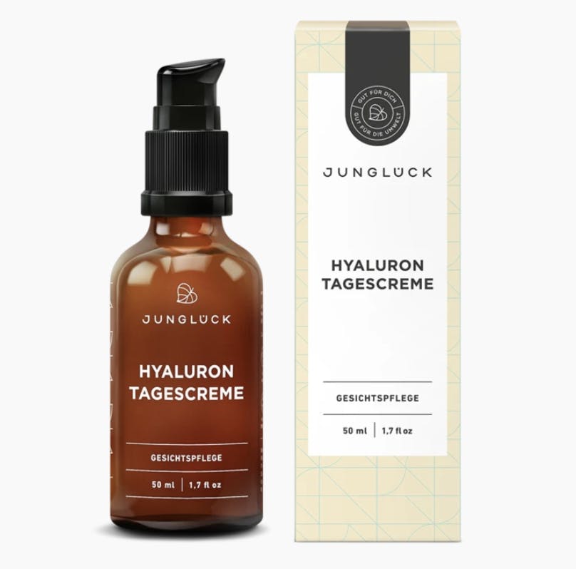 Si l'on a 10 produits vides, le fabricant les reprend pour les réutiliser: crème de jour Hyaluron  de la marque Junglück, 39 CHF.