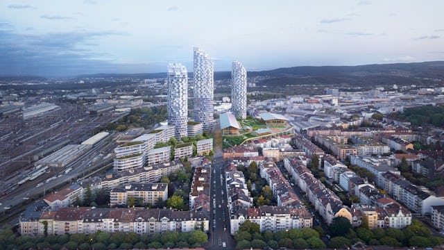 Im Dreispitz Nord entsteht ein neues, lebendiges Quartier mit zwei öffentlichen Freiräumen, drei Hochhäusern, sieben Stadthäusern und dem umgebauten Einkaufszentrum MParc.