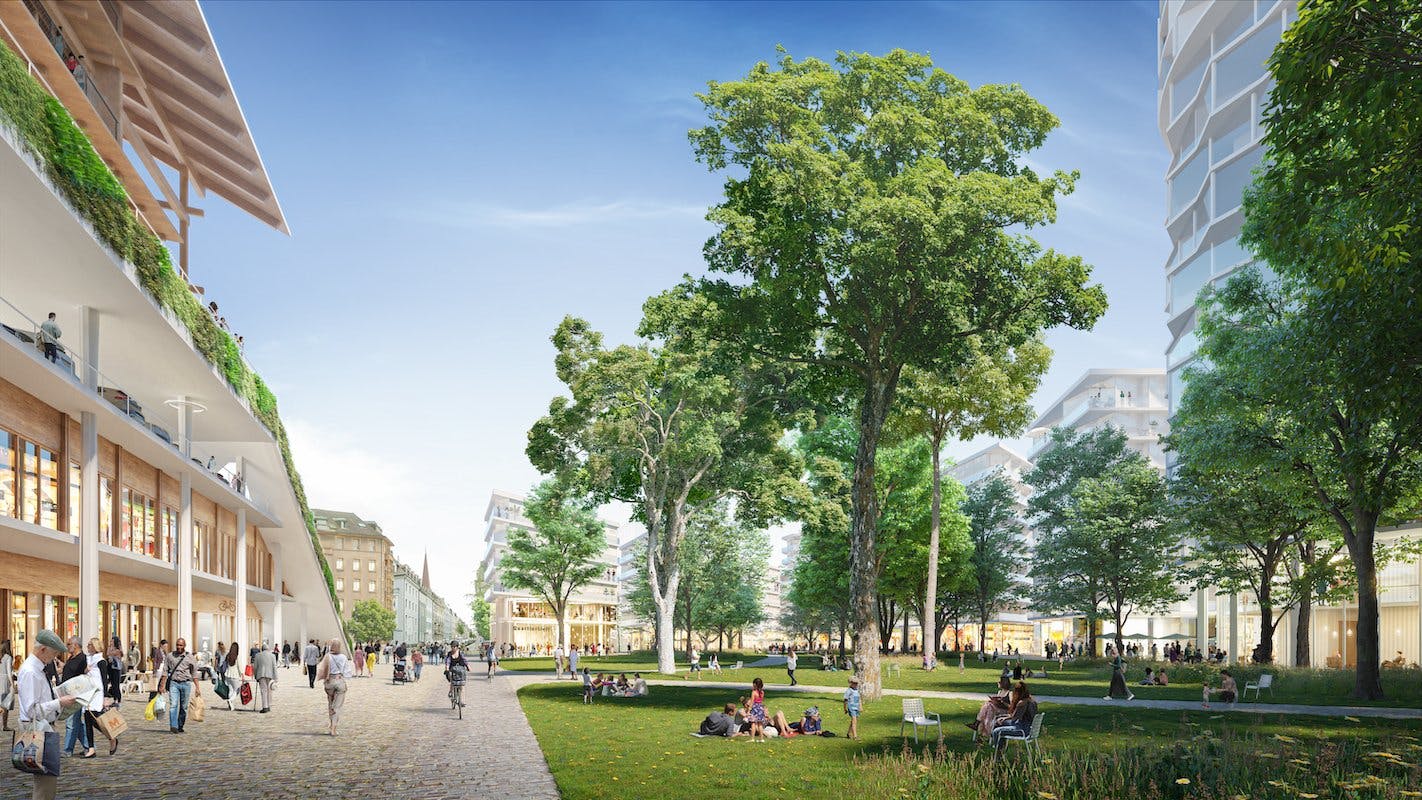 Zwischen der dichten Bebauung mit Wohnungen in unterschiedlichen Grössen und Preiskategorien, Büros und öffentlichen Nutzungen (wie etwa einem Quartie...