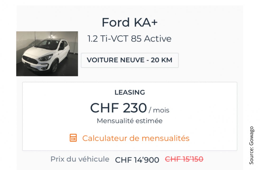 Ainsi, un leasing de 230 francs par mois entraîne des frais totaux d'environ 700 francs. Si vous louez la Ford Ka+ pendant 36 mois et que vous versez...