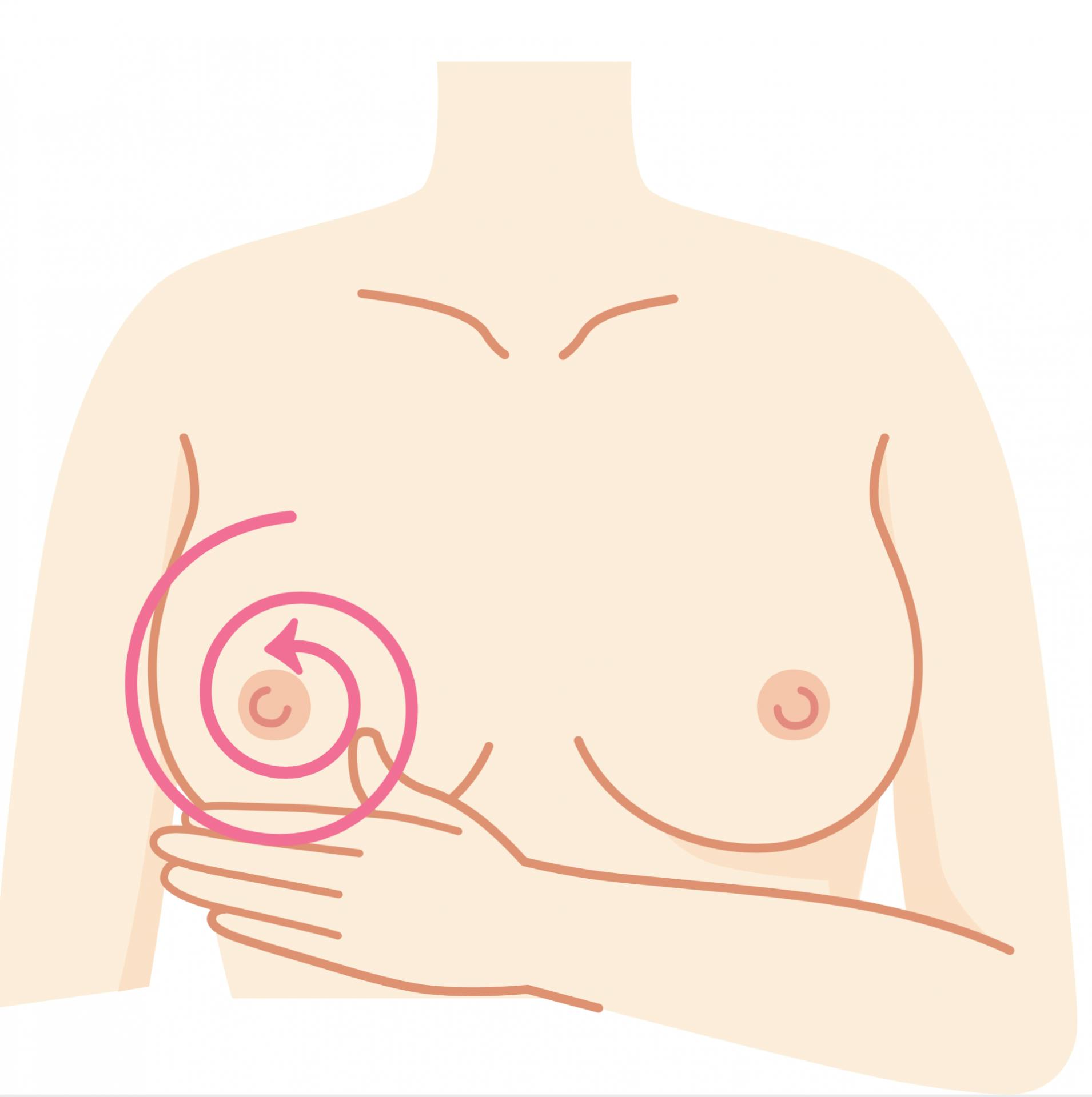 Kreisförmig abtasten: 
Creme dir die Hände ein und stelle dir die Brust in vier Abschnitten vor - aussen oben, innen oben, aussen unten und innen unte...