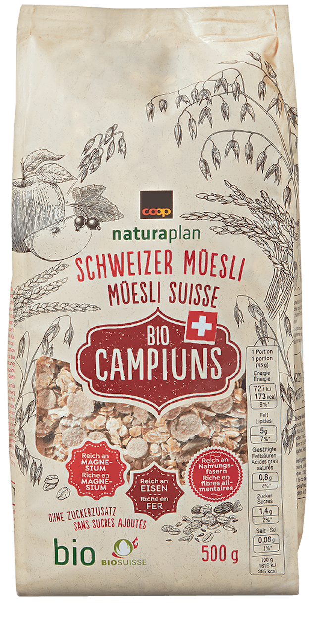 Coop Naturaplan Schweizer
Müesli Bio Campiuns,
6.40 Franken / 500 g, Coop