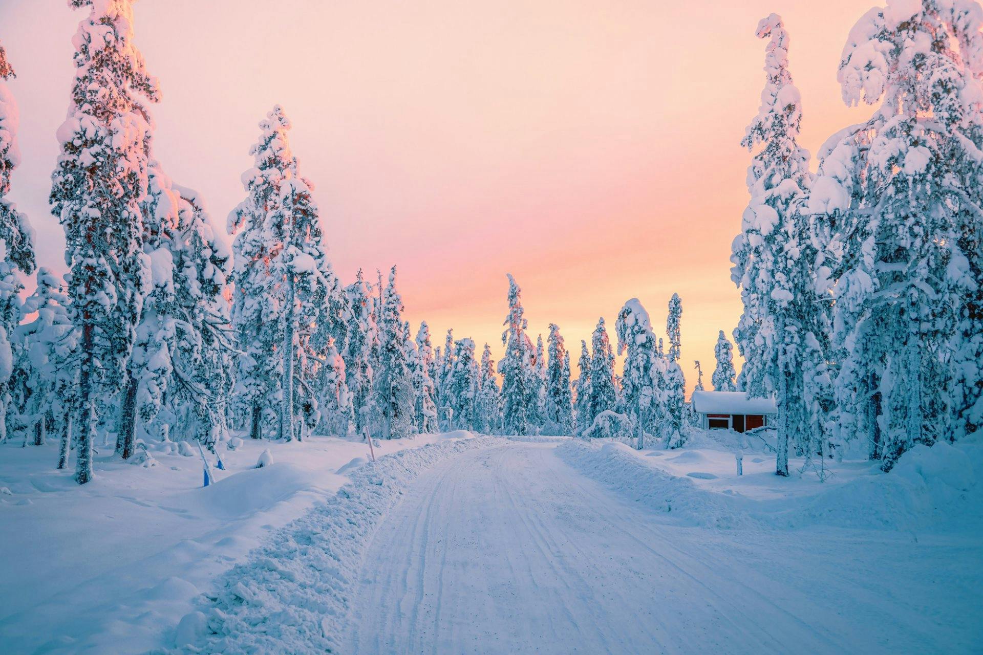 Märchenhafter Sonnenaufgang im schneebedeckten Levi, Finnisch Lappland