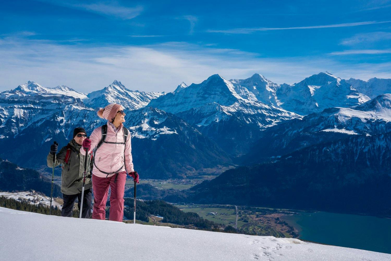 Randonnées d'hiver sur le plateau ensoleillé du Niederhorn.