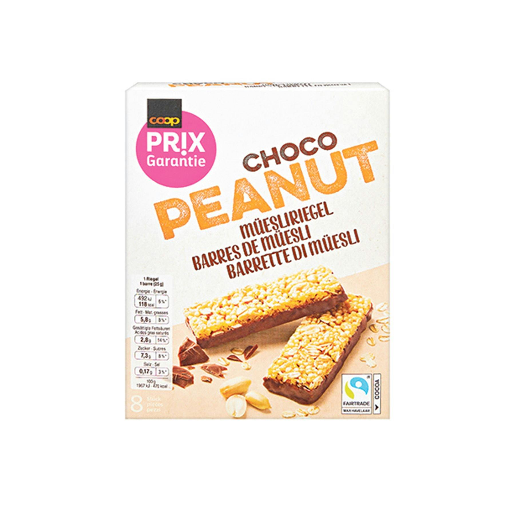 Una ricarica e riparti: Barrette di müesli al cioccolato e alle arachidi, Prix garantie, 
fr. 1.80 (8 × 25 g), da Coop.