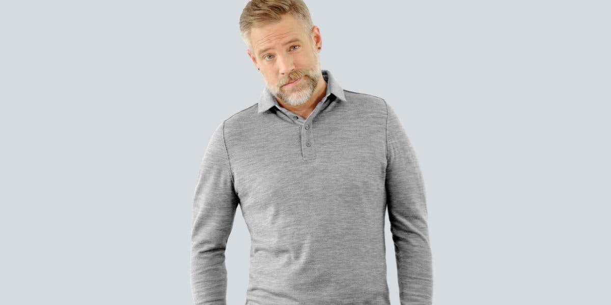 The Polo Longsleeve Merino – Grey-Melange für 129 Franken.