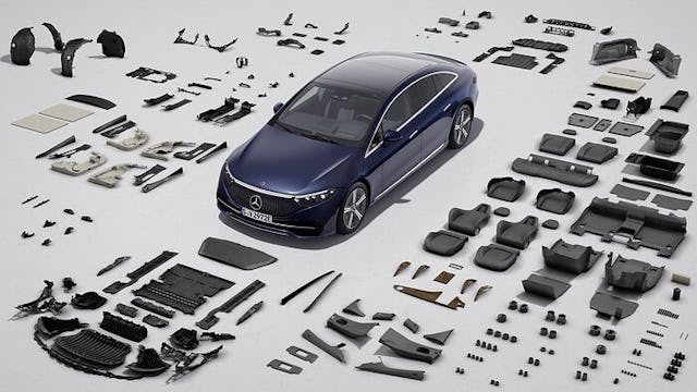 Im vollelektrischen EQS von Mercedes werden rund 290 Teile aus ressourcenschonenden Materialien verbaut.