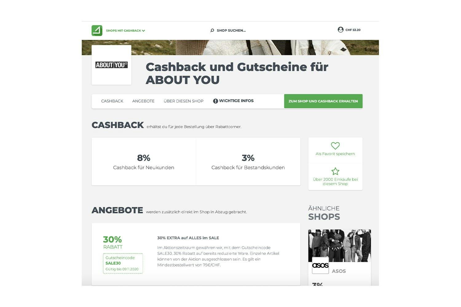 Anschliessend zeigt Rabattcorner dir die Cashback-Rates. Nun kannst du den Cashback aktivieren…