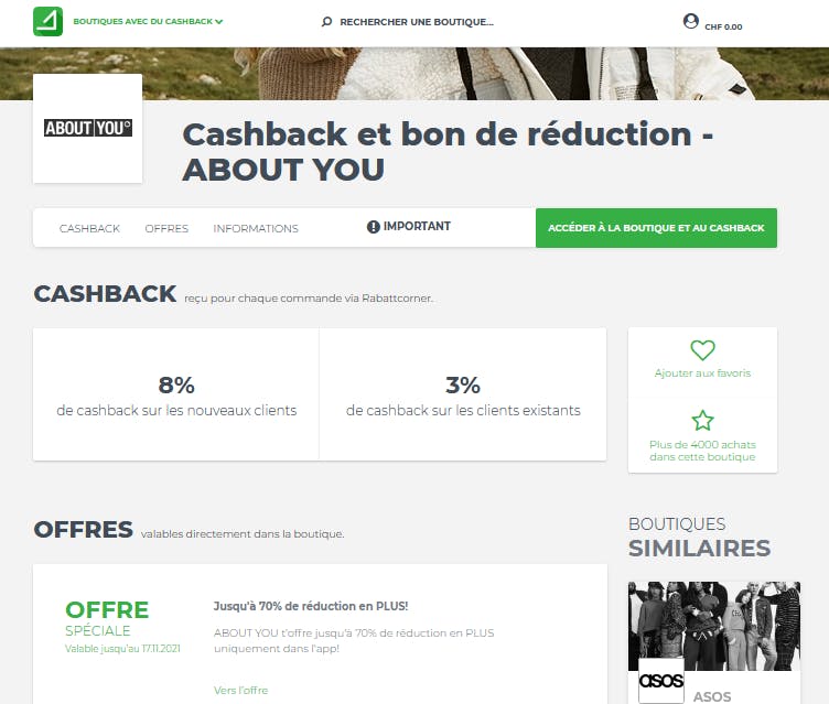 Ensuite, Rabattcorner te montre les taux de cashback. Tu peux maintenant activer le cashback …