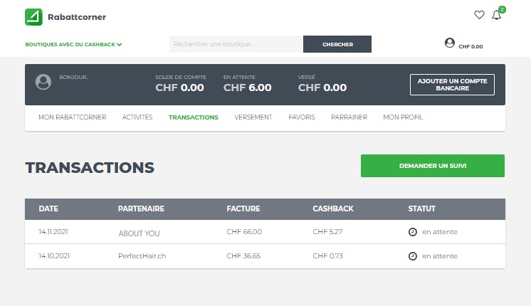 Le cashback sera crédité sur ton compte Rabattcorner à la fin de ton achat.