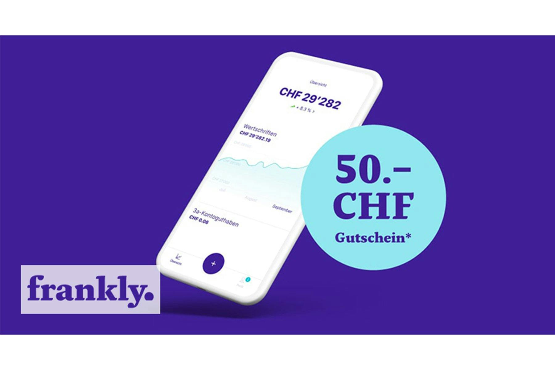 50 Franken Rabatt bei frankly : Eröffne jetzt deine 3a Säule auf der frankly-App und erhalte 50 Franken Rabatt auf die Gebühren.