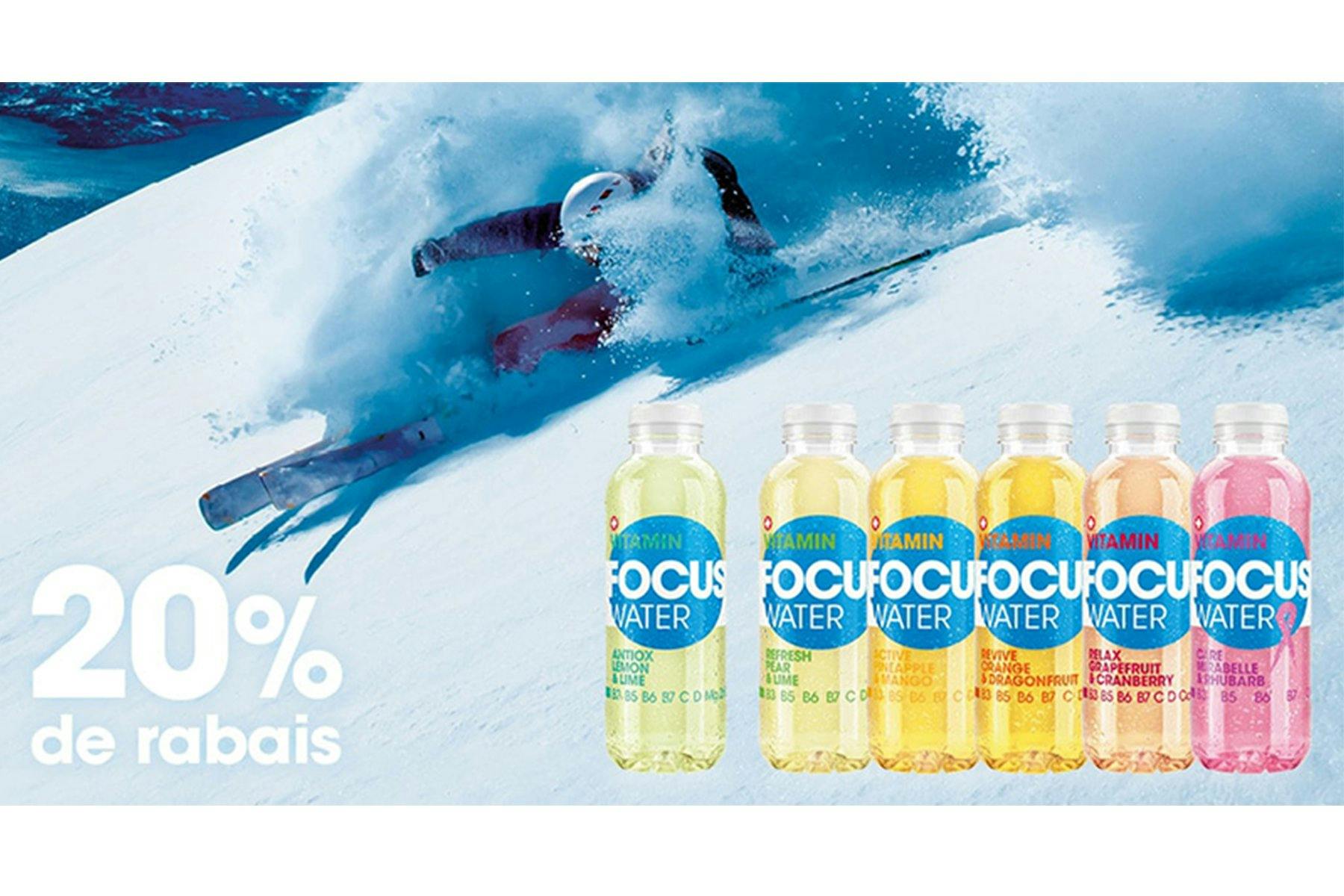 20% de rabais sur FOCUS WATER: avec cette boisson vitaminée et peu calorique, tu es toujours au mieux de ta forme même en hiver.
