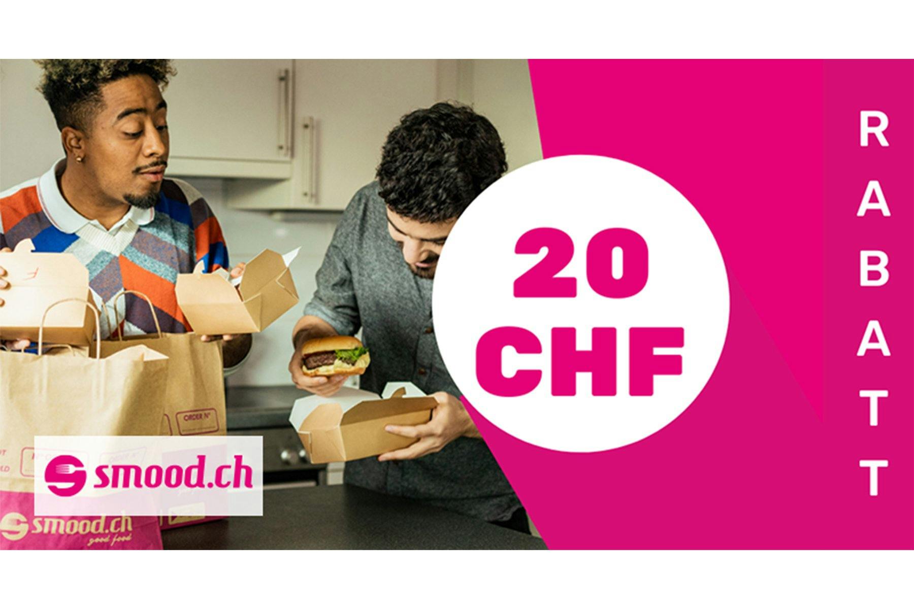 20 Franken Rabatt bei Smood : Bestelle dein Lieblingsessen direkt nach Hause und profitiere dabei von 20 Franken Rabatt.