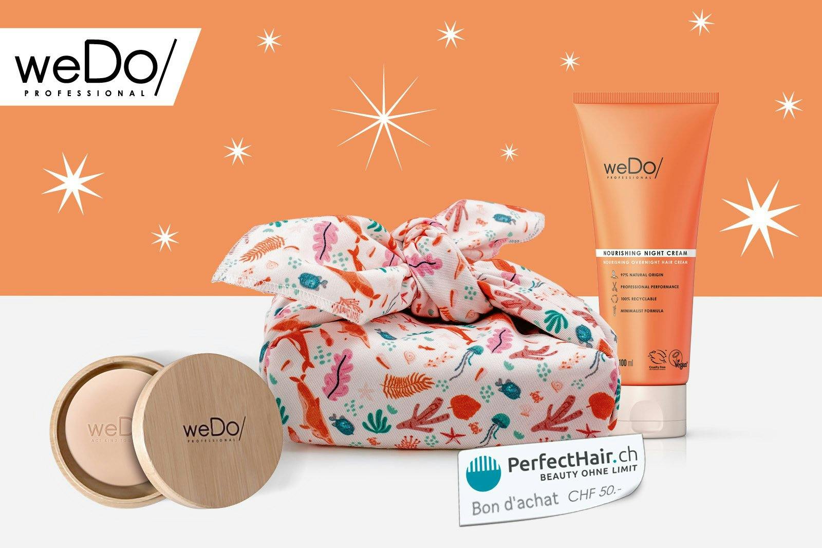 Le set de produits de soins weDo/ contient notamment un shampooing solide Moisture & Shine weDo/ avec boîte en bambou assortie.