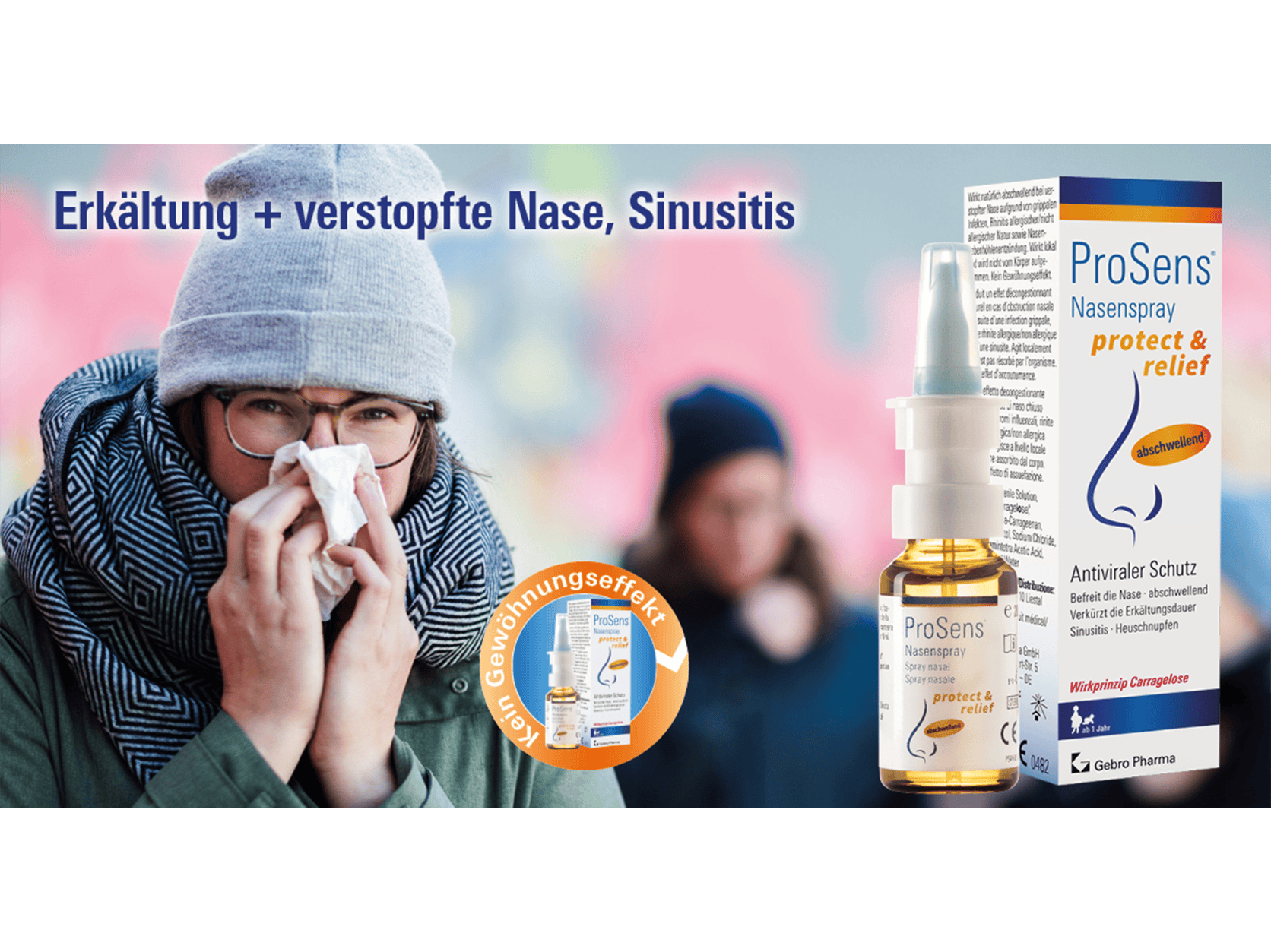 ProSens® Nasenspray protect & relief (abschwellend) wird bei verstopfter Nase oder Sinusitis angewendet; mehrmals täglich nach Bedarf, je einen Sprühs...