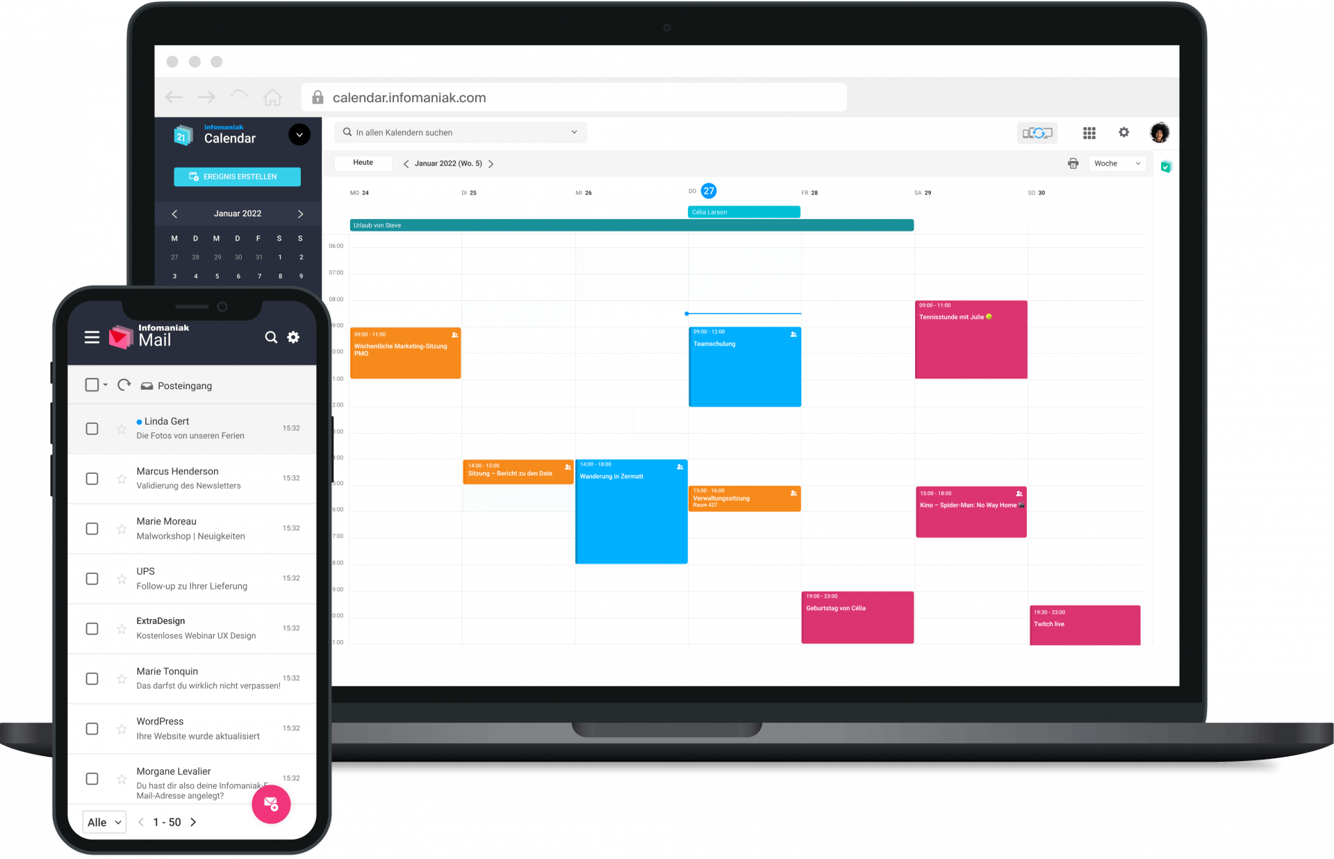 Infomaniaks Webmail ist attraktiv und sehr umfassend. Eine mobile E-Mail-App ist ebenfalls für dieses Jahr geplant!