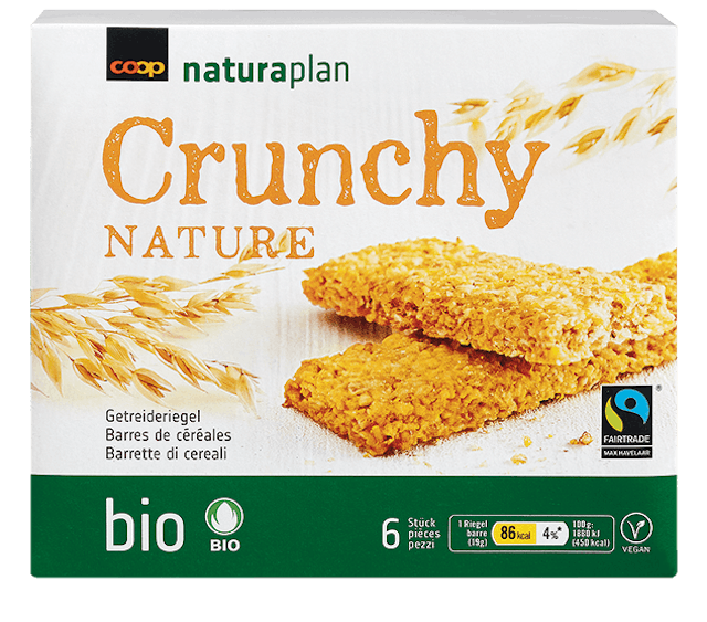 Zwischenverpflegung 
Naturaplan Bio Fairtrade 
Müesliriegel Crunchy Nature, 
Fr. 3.95 / 6 Stk., bei Coop.
