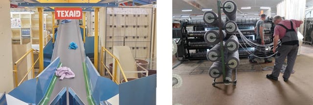 Aus dem Material von gesammelten Altkleidern entsteht Garn für neue Textilien. Bild links: TEXAID (Sortierwerk in Schattdorf), Bild rechts Hochschule Luzern Aus dem Material von gesammelten Altkleidern entsteht Garn für neue Textilien. Bild links: TEXAID (Sortierwerk in Schattdorf), Bild rechts Hochschule Luzern