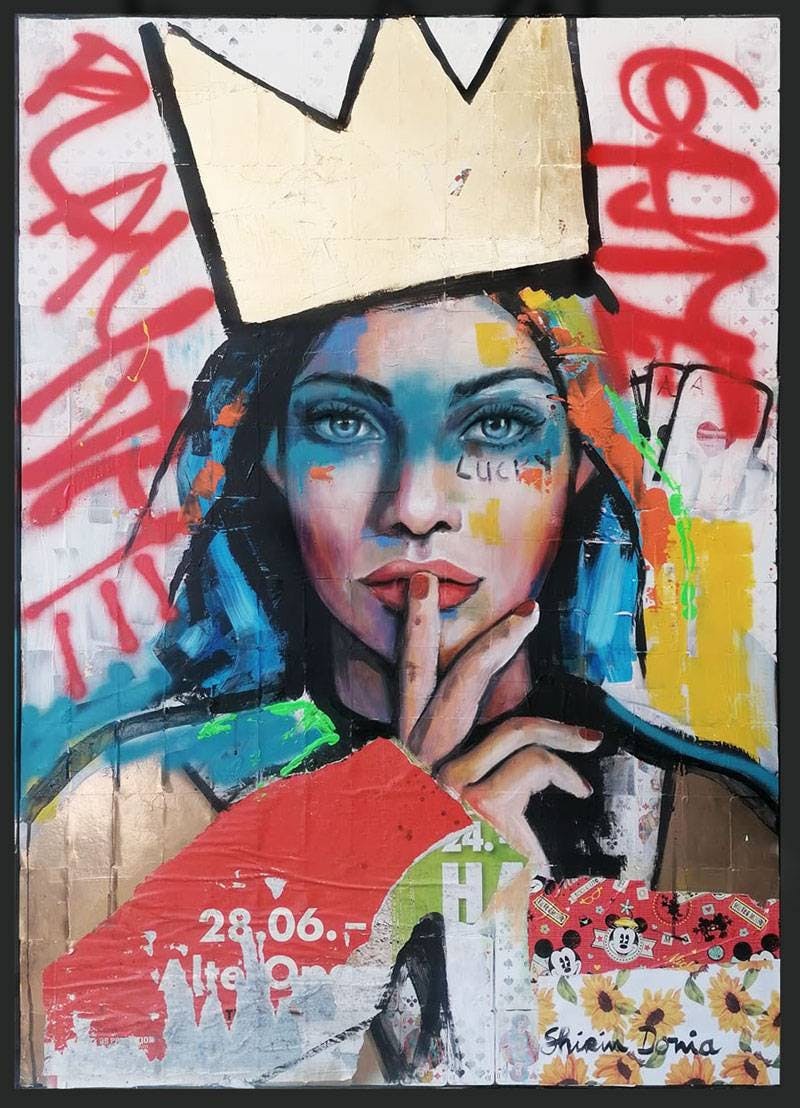 «Lucky» von Shirin Donia. Mixed Media, Blattgold, Öl auf Holz, 140 x 100 cm inkl. Rahmen