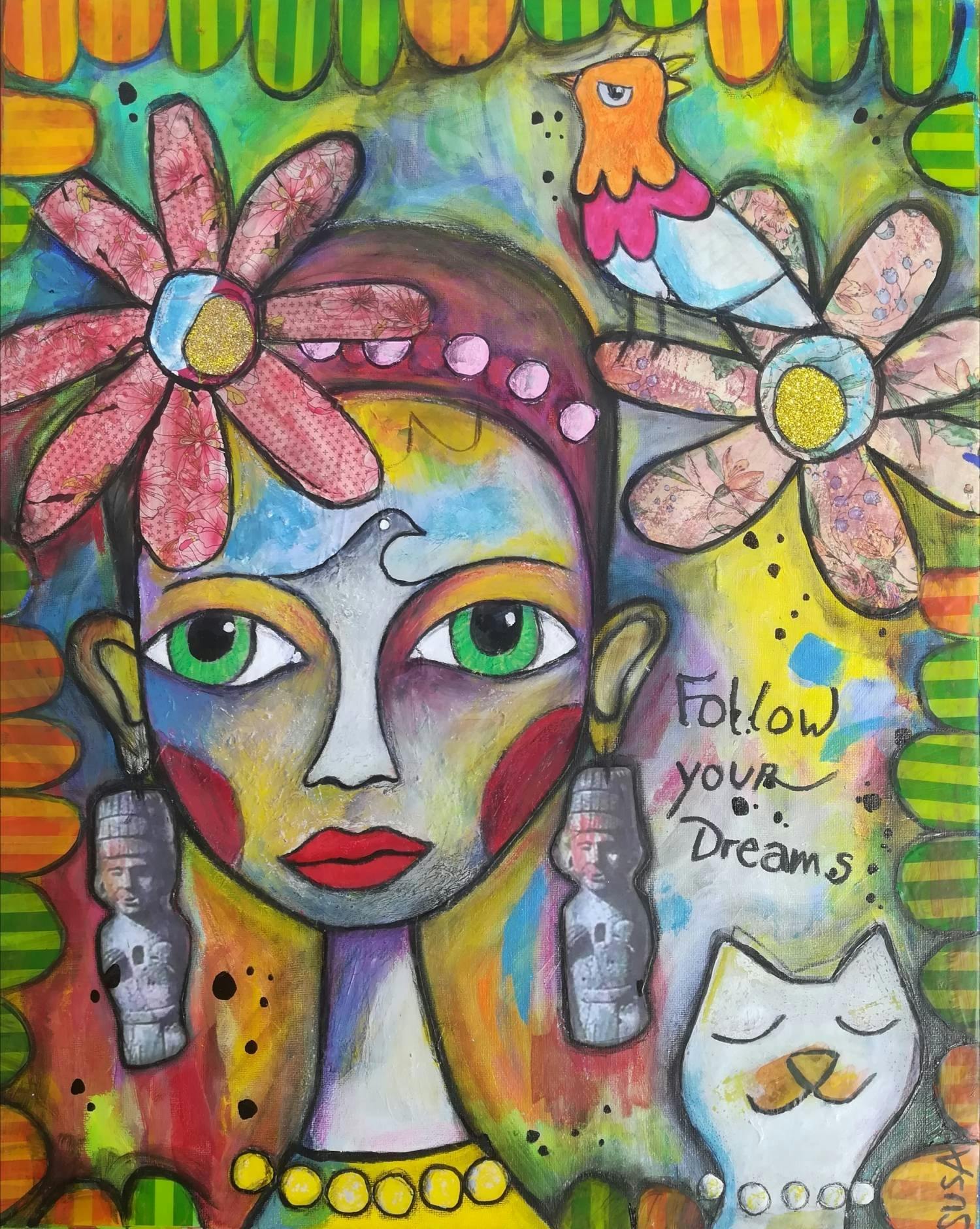 «Frida with cat and bird» von Susa Höhle. Acryl auf Leinwand, Mixed Media, 50 x 40 cm