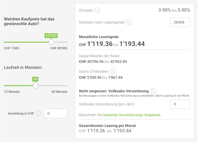 Screenshot vom Comparis-Leasingrechner.