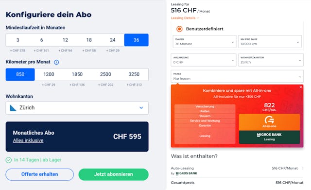 Vergleich von Auto-Abo (links) und Leasing Angebot (rechts) zeigt den finanziellen Vorteil vom Auto im Abo. Vergleich von Auto-Abo (links) und Leasing Angebot (rechts) zeigt den finanziellen Vorteil vom Auto im Abo.