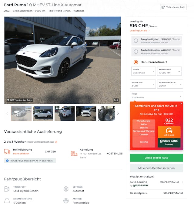 Online Leasing Angebot für 516 Franken / Monat. Mit All-inclusive Leasing betragen die Kosten 822 Franken / Monat. Online Leasing Angebot für 516 Franken / Monat. Mit All-inclusive Leasing betragen die Kosten 822 Franken / Monat.