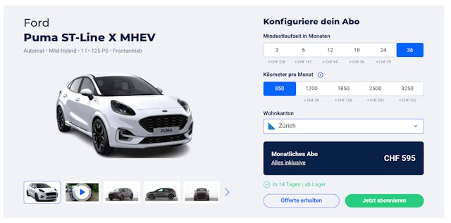 Dasselbe Auto im Abo gibt es für 595 Franken/ Monat. Das Sparpotenzial beträgt bei diesem einfachen Vergleich rund 200 Franken  / Monat. Dasselbe Auto im Abo gibt es für 595 Franken/ Monat. Das Sparpotenzial beträgt bei diesem einfachen Vergleich rund 200 Franken  / Monat.