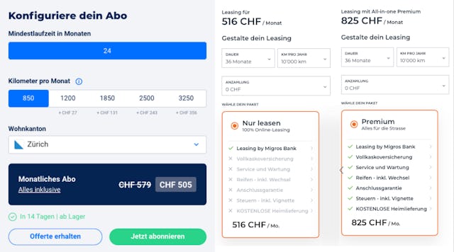 Vergleich von Auto-Abo (links) und Leasing-Angebot mit All-in-one Premium (ganz rechts) zeigt den finanziellen Vorteil vom Auto im Abo. (Bild: Screenshot Carvolution und Leasing Angebot der Migros Bank)