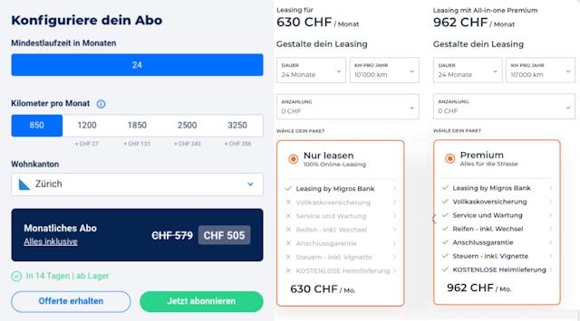 Vergleicht man das Auto-Abo und das Leasing mit derselben Flexibilität von einer Laufzeit von 24 Monaten, so wird der Preisvorteil vom Auto-Abo Konzept noch deutlicher.