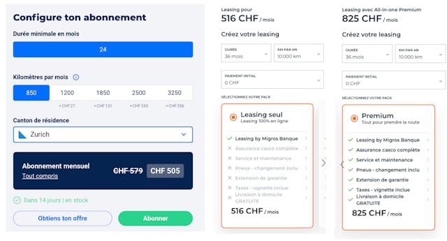 La comparaison de l'abonnement voiture (à gauche) et de l'offre de leasing avec All-in-one Premium (tout à droite) montre l'avantage financier de la voiture en abonnement. (Image: capture d'écran Carvolution et offre de leasing de la Banque Migros)