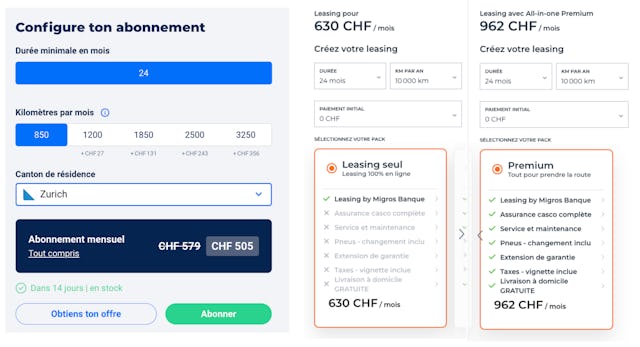 Si l'on compare l'abonnement voiture et le leasing avec la même flexibilité d'une durée de 24 mois, l'avantage de prix du concept d'abonnement voiture devient encore plus évident.