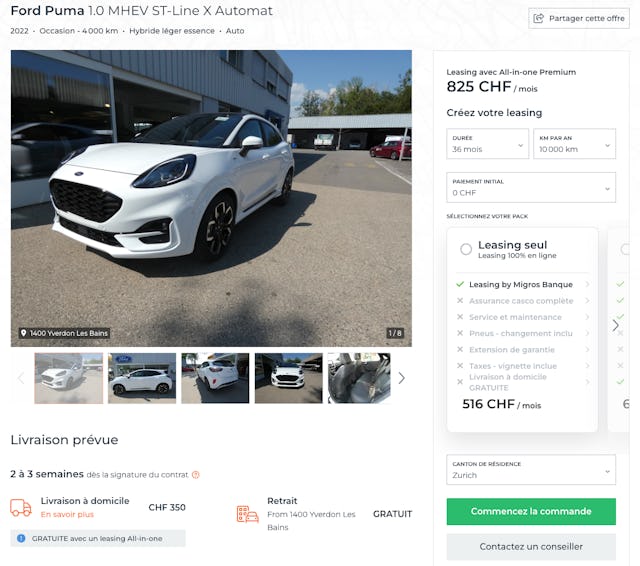 Offre de leasing en ligne pour une durée de trois ans CHF 516.- par mois. Avec le leasing All-in-one, les coûts s'élèvent à 825 CHF par mois. Contrairement à la Ford Puma en abonnement, cette voiture dispose d'un toit panoramique, d'un attelage de remorque et d'un hayon électrique. (Image: Capture d'écran de l'offre de leasing de la Migros Banks)