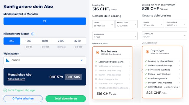 Vergleich von Auto-Abo (links) und Leasing-Angebot mit All-in-one Premium (ganz rechts) zeigt den finanziellen Vorteil vom Auto im Abo. (Bild: Screenshot Carvolution und Leasing-Angebot der Migros Bank) Vergleich von Auto-Abo (links) und Leasing-Angebot mit All-in-one Premium (ganz rechts) zeigt den finanziellen Vorteil vom Auto im Abo. (Bild: Screenshot Carvolution und Leasing-Angebot der Migros Bank)