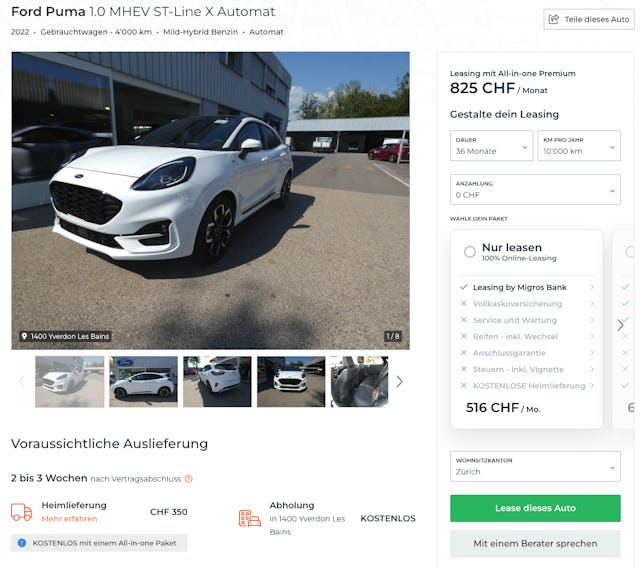 Leasing-Angebot für eine Dauer von drei Jahren 516 Franken pro Monat. Mit All-inclusive Leasing betragen die Kosten 825 Franken pro Monat. Im Gegensatz zum Ford Puma im Abo verfügt dieses Fahrzeug über ein Panoramadach, eine Anhängerkupplung und eine elektrische Heckklappe. (Bild: Screenshot Leasing-Angebot der Migros Bank) Leasing-Angebot für eine Dauer von drei Jahren 516 Franken pro Monat. Mit All-inclusive Leasing betragen die Kosten 825 Franken pro Monat. Im Gegensatz zum Ford Puma im Abo verfügt dieses Fahrzeug über ein Panoramadach, eine Anhängerkupplung und eine elektrische Heckklappe. (Bild: Screenshot Leasing-Angebot der Migros Bank)